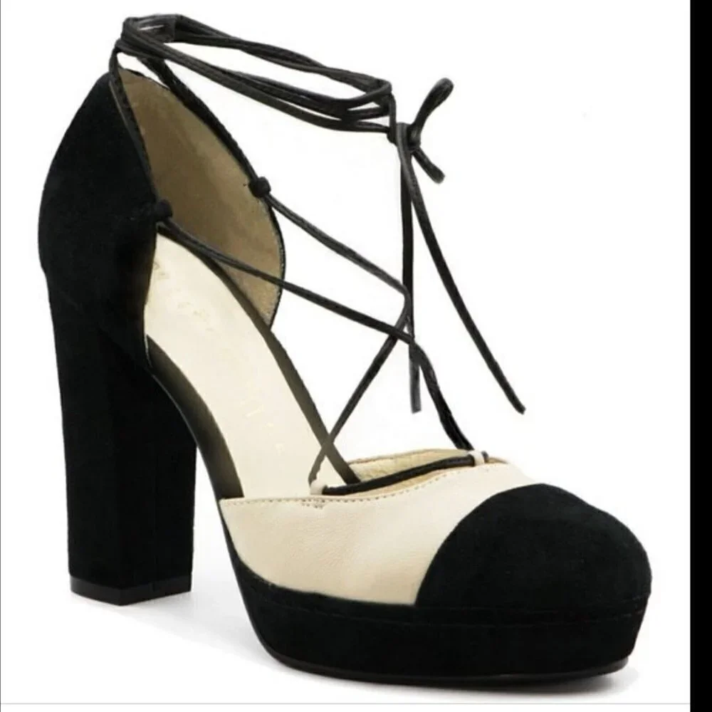 NEW Bettye Muller Madison Suede Platform Pump Natural & Black Women's Size 8M